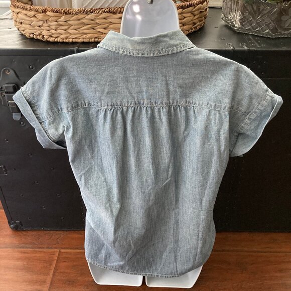 Gap 1969 Light Blue Cotton Denim Look Button Down Short Sleeve Blouse X Small - Picture 5 of 8